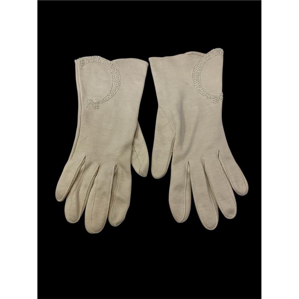 Vtg Duchess Ecru Formal 9.5"  Stretch Wrist Length  Gloves Embroidered  XS/S